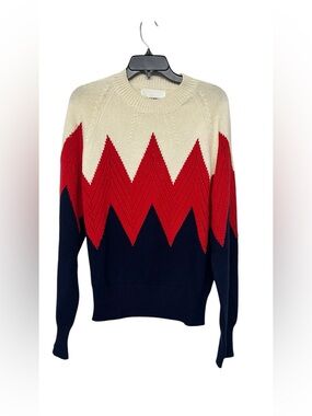 NEW‎ Jil Sander Cotton Pointelle Chevron Knit Crewneck Sweater - Cream/Red/Navy